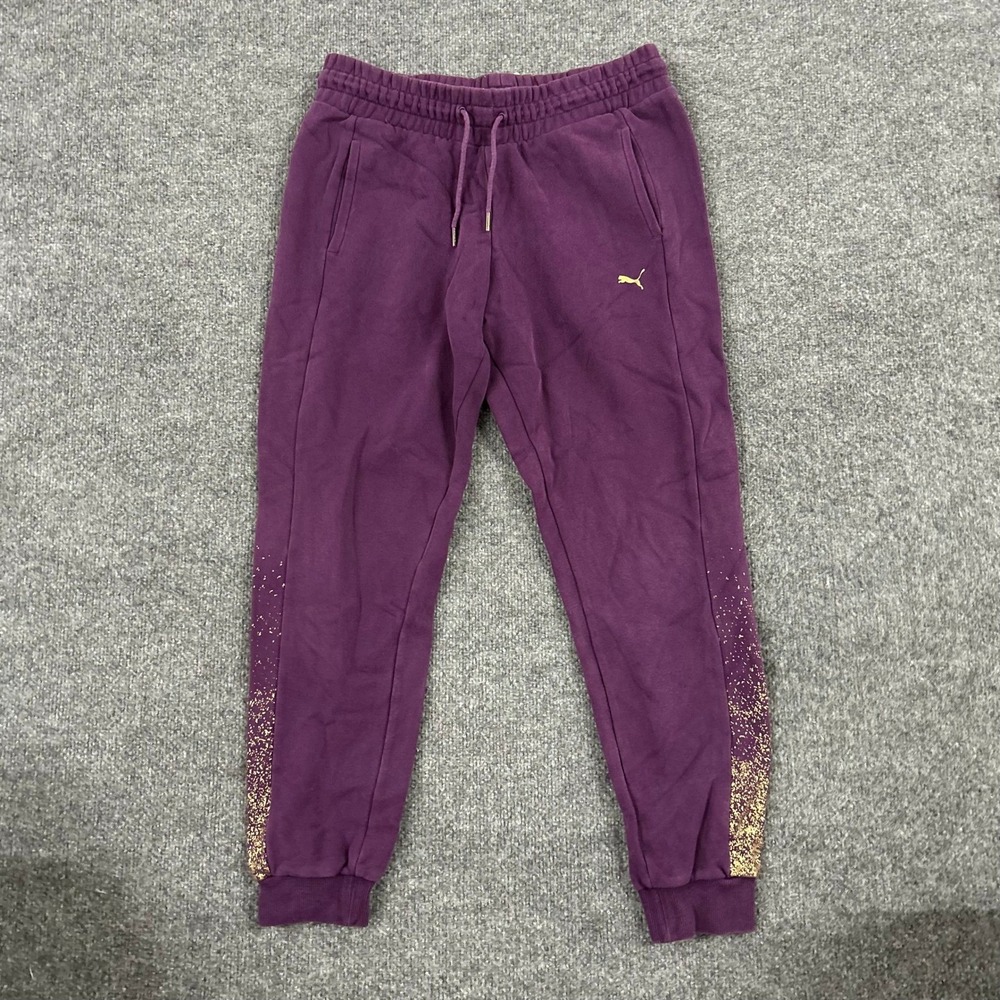 Puma Sweatpants Womens Size M Purple Gold Glitter Tapered Joggers Fleece Pockets